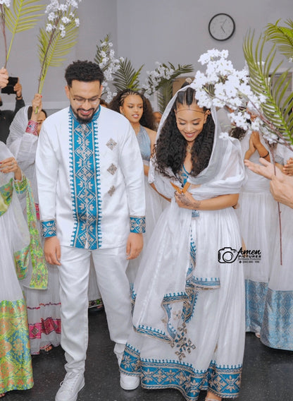 Blue Habesha Dress for Women – Ethiopian Traditional Kemis with Tibeb