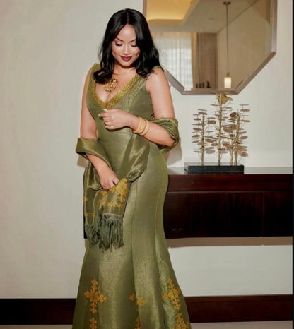 Green Ethiopian Dress Premium Fabric Wide Tibeb Embroidery for Brides