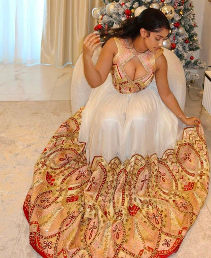 White and Red Habesha Wedding Dress – Traditional Habesha Dress with Tibeb Details