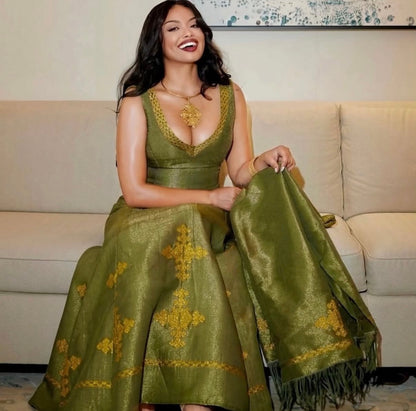 Green Ethiopian Dress Premium Fabric Wide Tibeb Embroidery for Brides