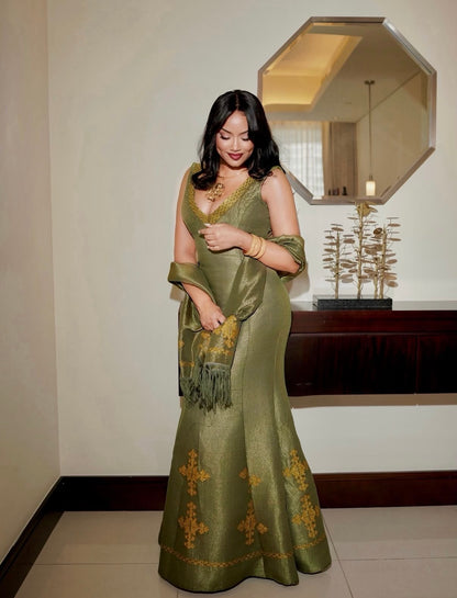 Green Ethiopian Dress Premium Fabric Wide Tibeb Embroidery for Brides