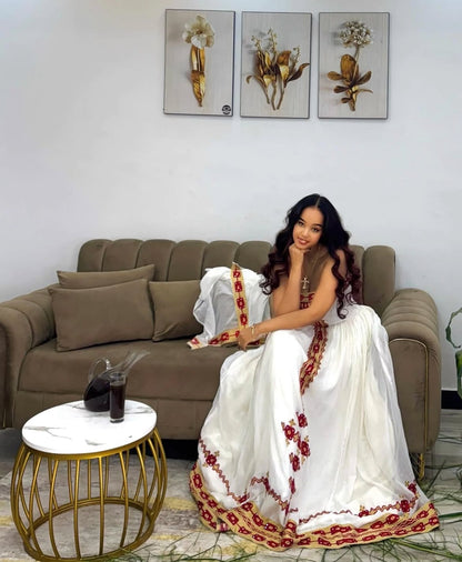 White Habesha Dress with Red Embroidery – Traditional Ethiopian Dress with Tilet Detailing