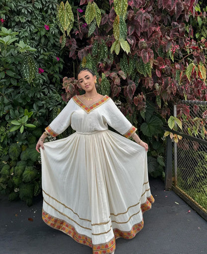Ethiopian Wedding Dress - White Gold - Handwoven Tibeb Habesha