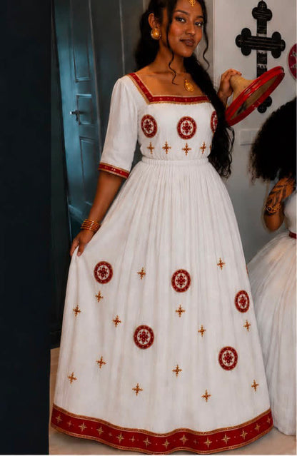 Red Habesha Traditional Dress – Handmade kemis for Women
