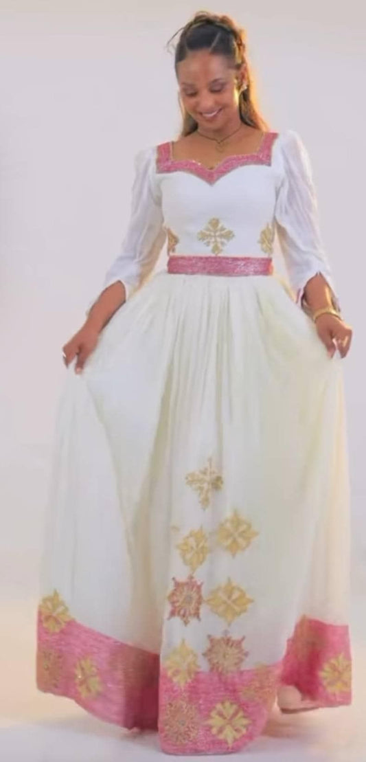 Beautiful & Simple Habesha Dress – Traditional Ethiopian Kemis with pink Tibeb Embroidery