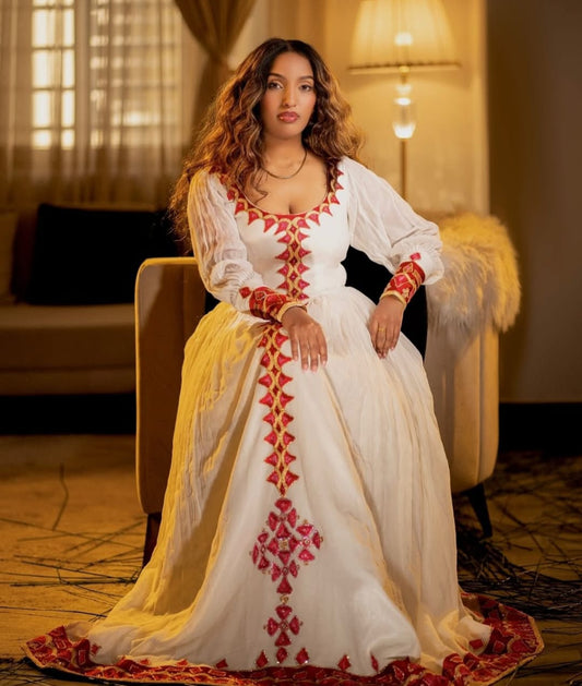 Modern Habesha Dress: Vibrant red & White Ethiopian Style yaab.habesha