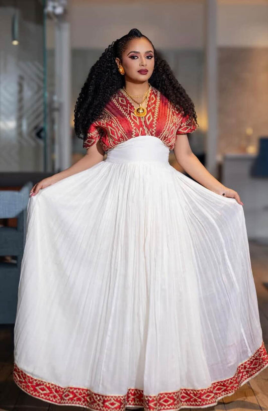 Elegant White & Red Habesha Dress - Traditional Ethiopian Dress for Grand Celebrations