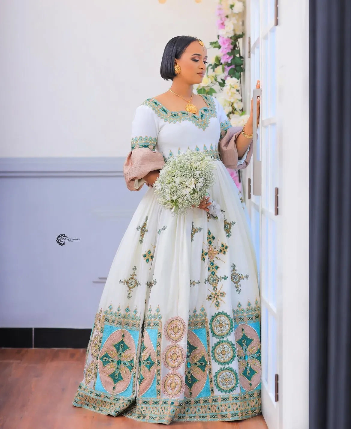 Ethiopian Wedding Dress - Royal Green - Handwoven Tibeb Kemis