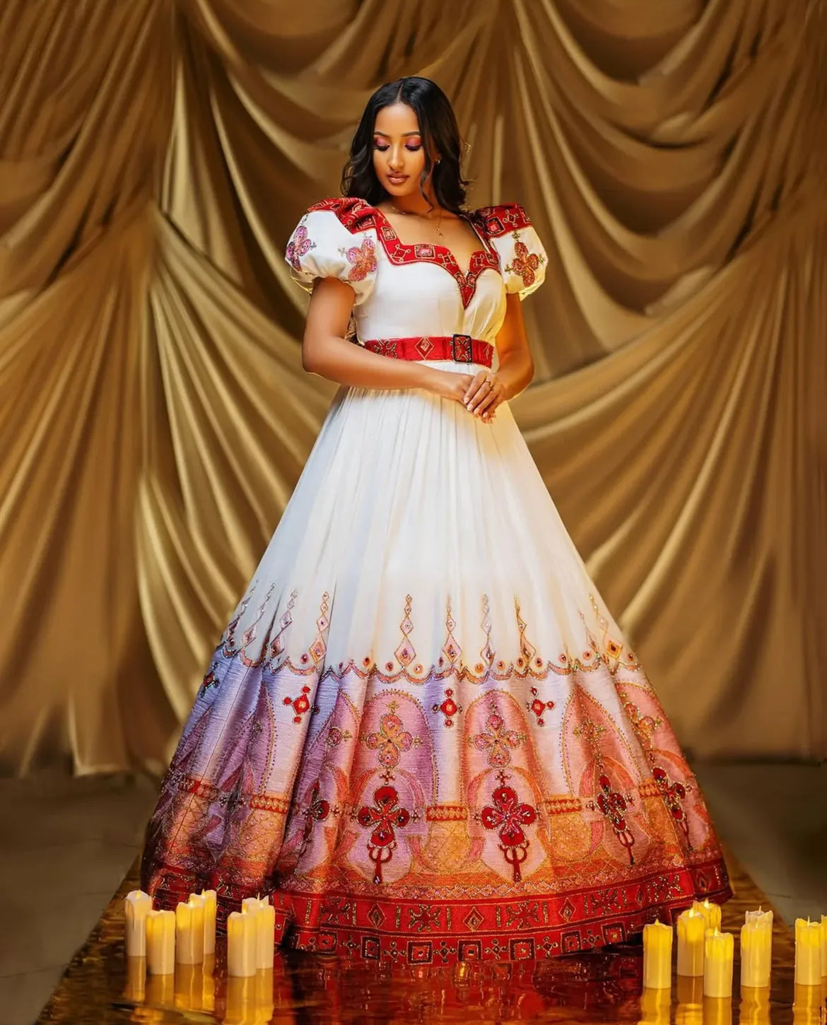 Red & Gold Habesha Kemis - Traditional Ethiopian Dress - Weddings