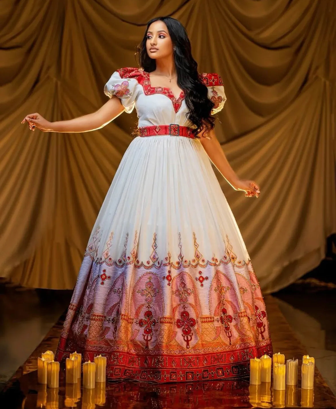 Red & Gold Habesha Kemis - Traditional Ethiopian Dress - Weddings