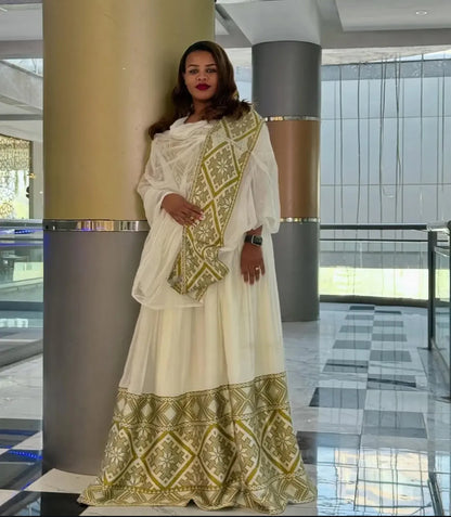 Royal Gold Habesha Dress - Ethiopian Kemis - Festive Moments