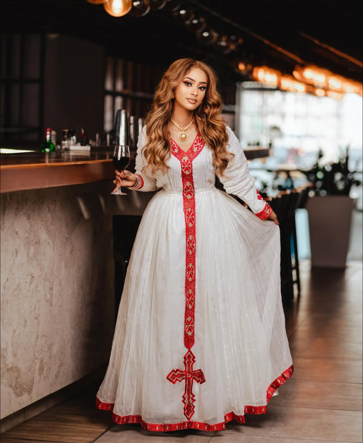 Elegant Habesha Dress - Red Embroidery - Handwoven Ethiopian Dress