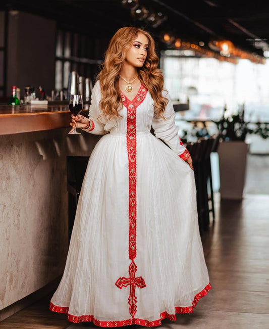 Elegant Habesha Dress - Red Embroidery - Handwoven Ethiopian Dress