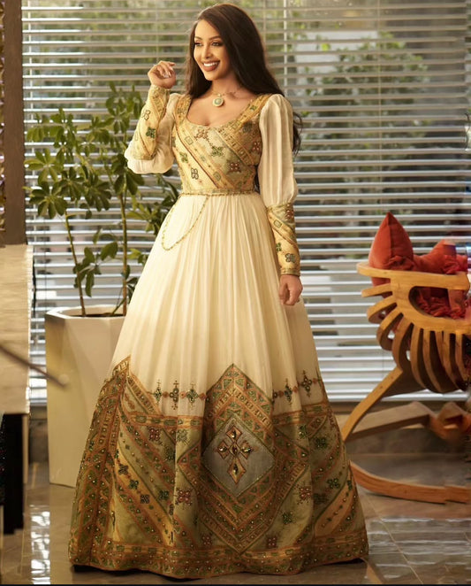Royal Gold Habesha Kemis for Wedding Queens – Traditional Ethiopian wedding Dress