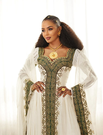 Emerald Green Tilf Habesha Dress by Tsehaye Mehari – Worn by Abyssinia & Nardos Bella | Luxury Ethiopian Dress