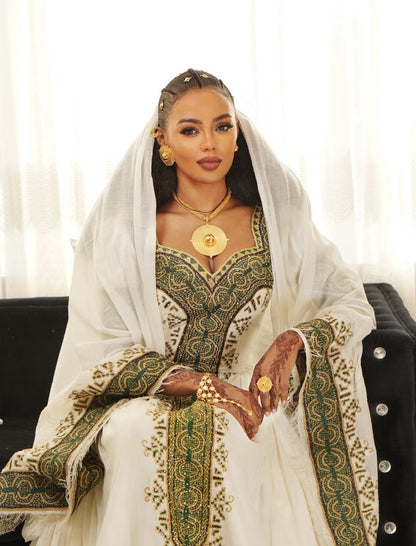 Emerald Green Tilf Habesha Dress by Tsehaye Mehari – Worn by Abyssinia & Nardos Bella | Luxury Ethiopian Dress