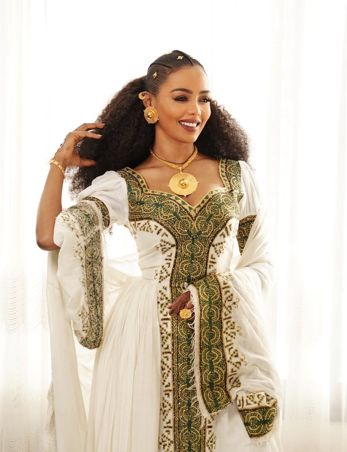 Emerald Green Tilf Habesha Dress by Tsehaye Mehari – Worn by Abyssinia & Nardos Bella | Luxury Ethiopian Dress