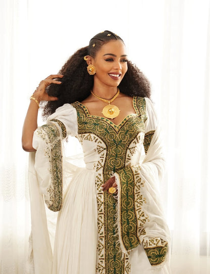 Emerald Green Tilf Habesha Dress by Tsehaye Mehari – Worn by Abyssinia & Nardos Bella | Luxury Ethiopian Dress