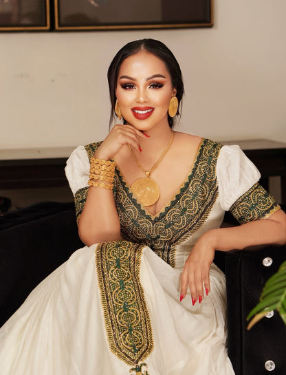 Emerald Green Tilf Habesha Dress by Tsehaye Mehari – Worn by Abyssinia & Nardos Bella | Luxury Ethiopian Dress