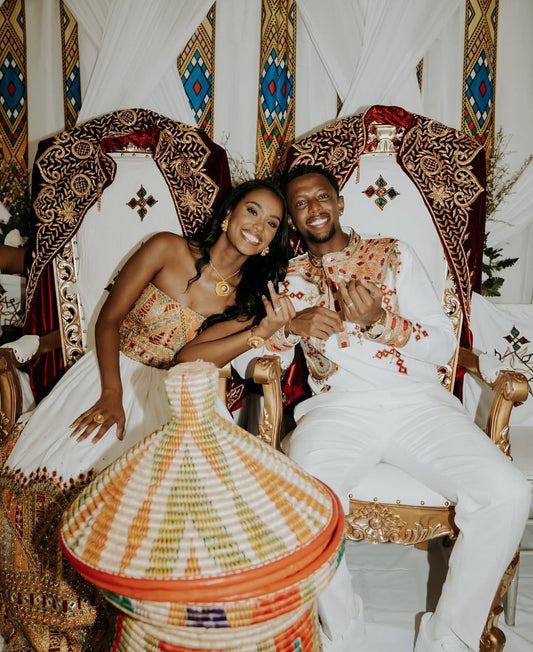 Luxury Habesha Wedding Set – Bride & Groom Matching Kemis, Suit & Kaba | Traditional Ethiopian Wedding Outfit