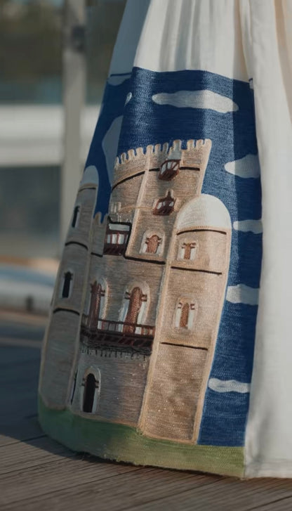 Unique White Habesha Dress by Liya Fetil – Blue Tilet Art & Gonder Faldas Cross Embroidery