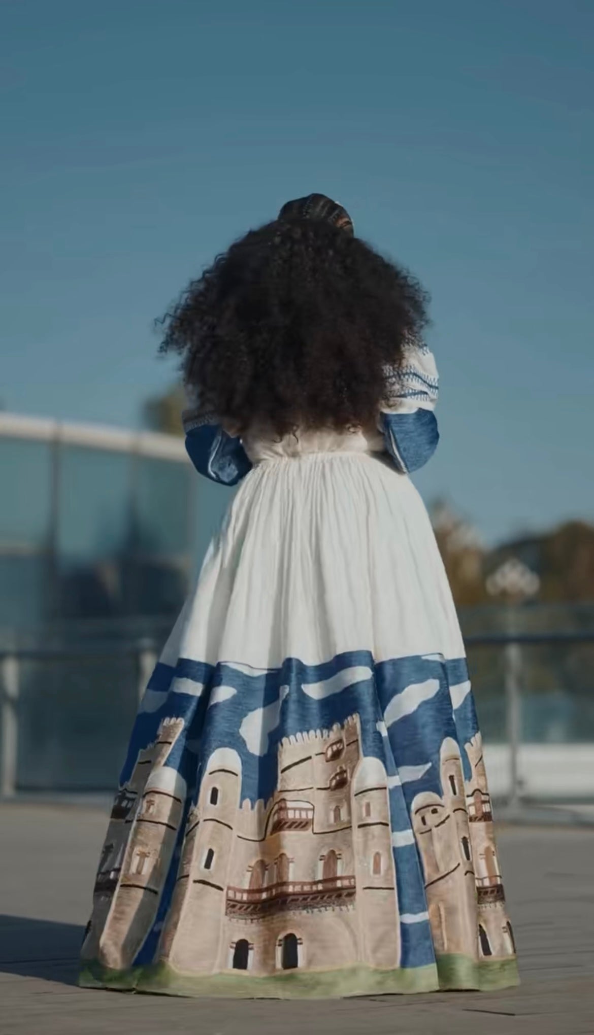 Unique White Habesha Dress by Liya Fetil – Blue Tilet Art & Gonder Faldas Cross Embroidery