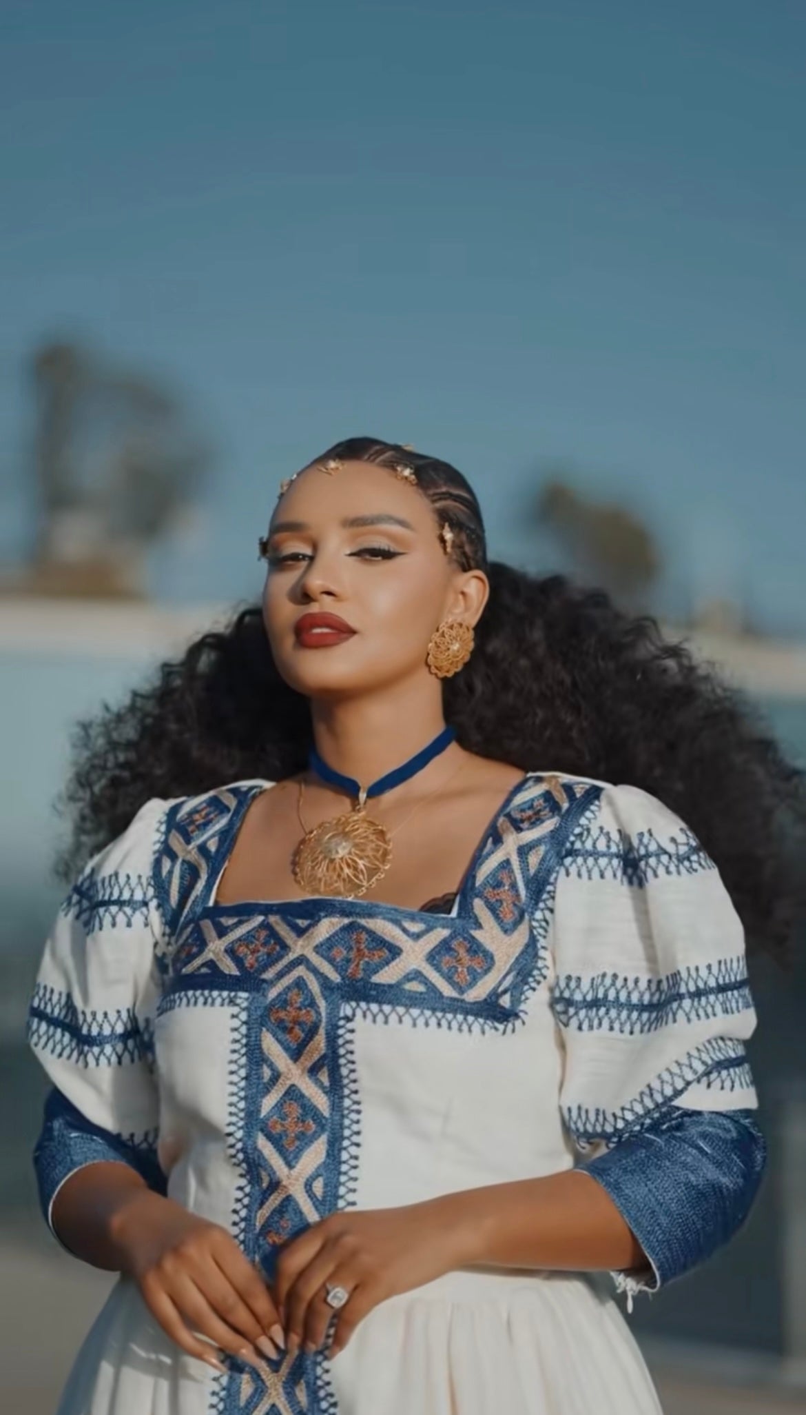 Unique White Habesha Dress by Liya Fetil – Blue Tilet Art & Gonder Faldas Cross Embroidery