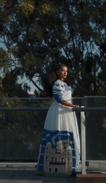 Unique White Habesha Dress by Liya Fetil – Blue Tilet Art & Gonder Faldas Cross Embroidery