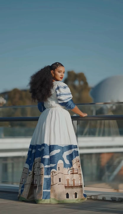 Unique White Habesha Dress by Liya Fetil – Blue Tilet Art & Gonder Faldas Cross Embroidery