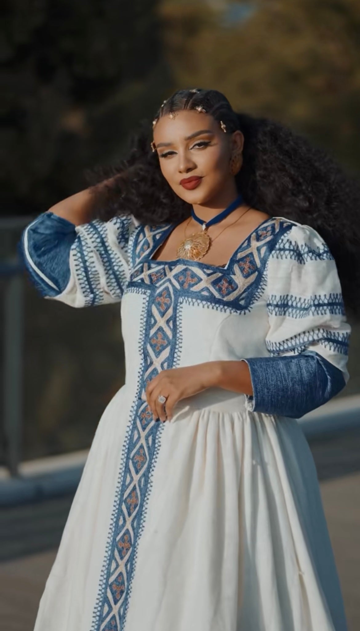 Unique White Habesha Dress by Liya Fetil – Blue Tilet Art & Gonder Faldas Cross Embroidery