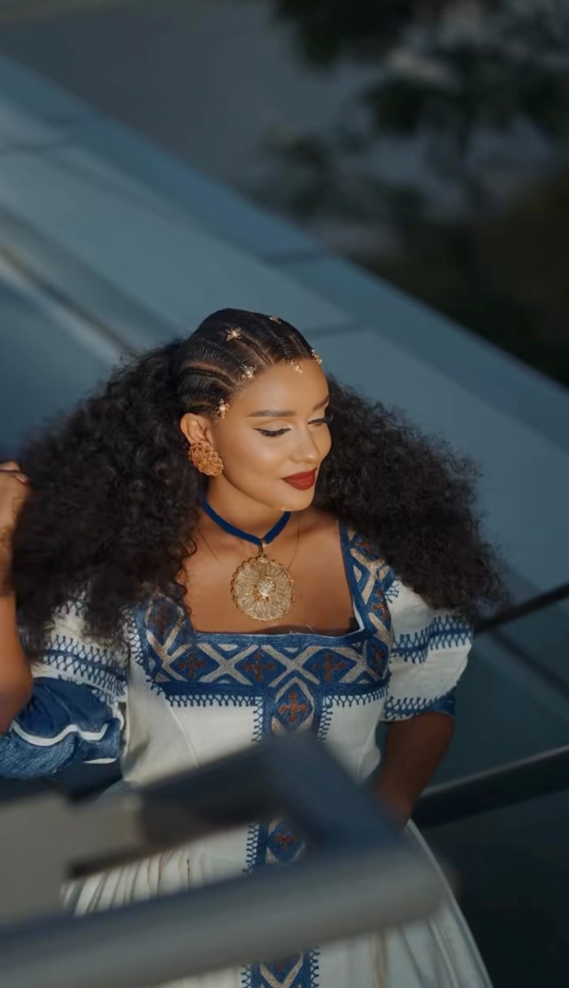 Unique White Habesha Dress by Liya Fetil – Blue Tilet Art & Gonder Faldas Cross Embroidery