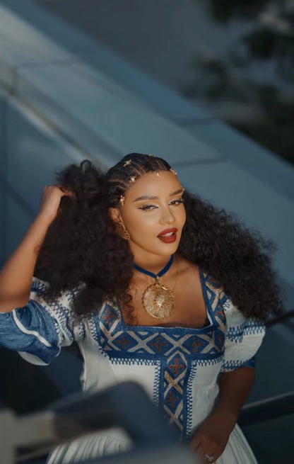 Unique White Habesha Dress by Liya Fetil – Blue Tilet Art & Gonder Faldas Cross Embroidery