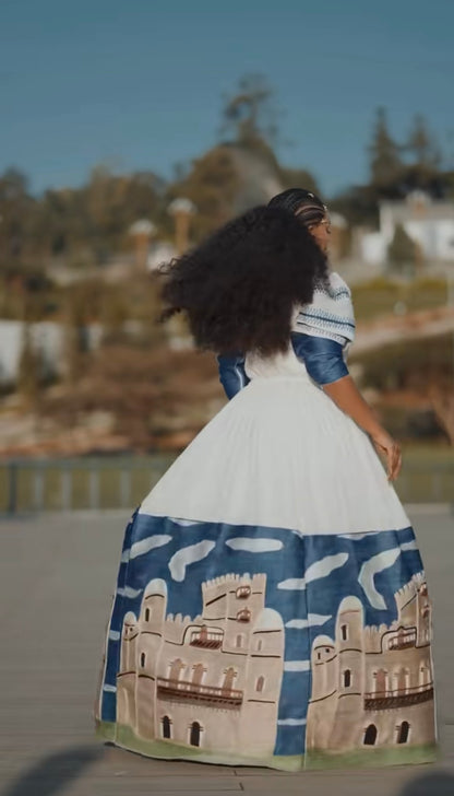 Unique White Habesha Dress by Liya Fetil – Blue Tilet Art & Gonder Faldas Cross Embroidery