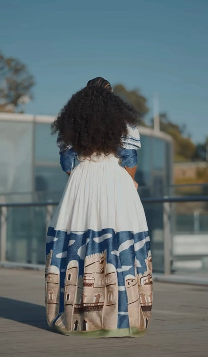 Unique White Habesha Dress by Liya Fetil – Blue Tilet Art & Gonder Faldas Cross Embroidery