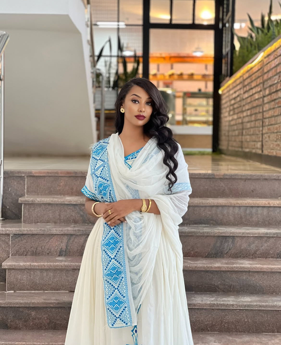 blue ethiopian dress Beautiful White & Blue Habesha Dress
