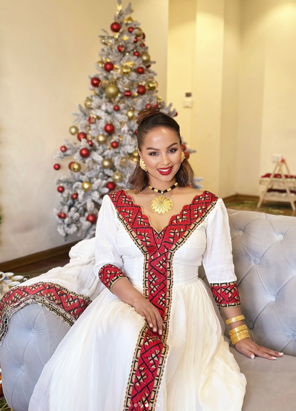 Red Ethiopian Dress – Luxury Habesha Kemis with Netela