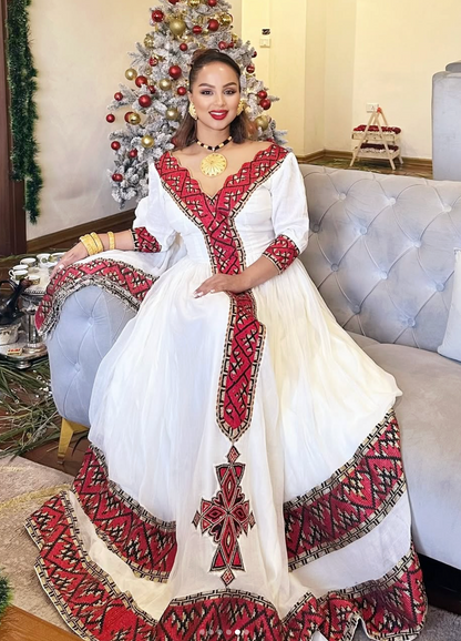 Red Ethiopian Dress – Luxury Habesha Kemis with Netela