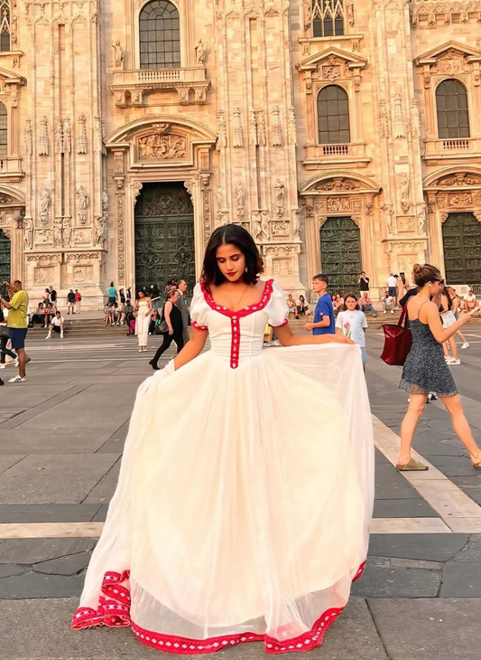 Elegant Red Habesha Kemis by Rahela – Traditional Ethiopian Dress with Timeless Hand Embroidery