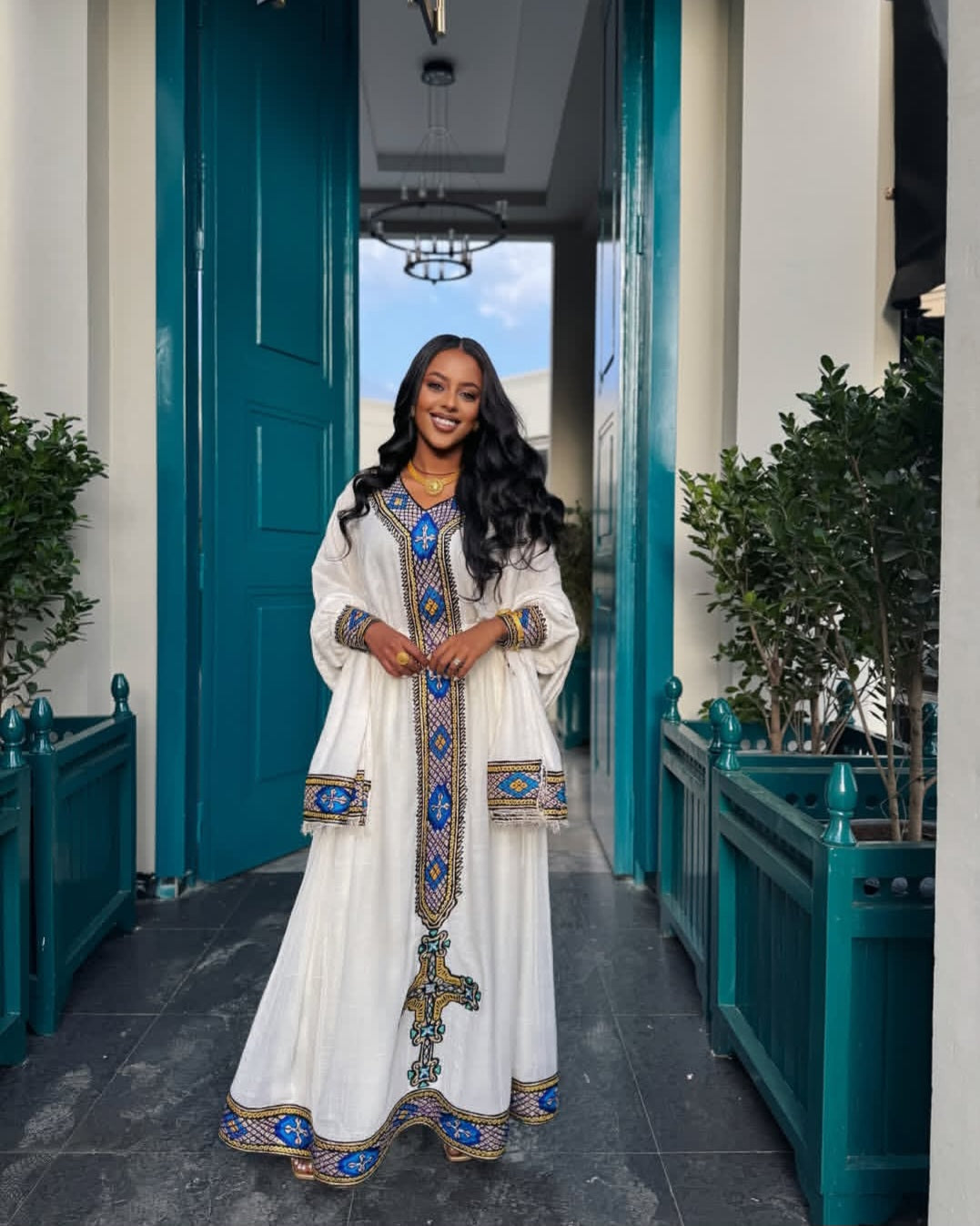 Handwoven White Habesha Dress – Traditional Ethiopian Dress with Colorful Tibeb, Zuria Kemis Style
