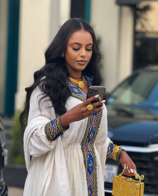 Handwoven White Habesha Dress – Traditional Ethiopian Dress with Colorful Tibeb, Zuria Kemis Style Bezawit