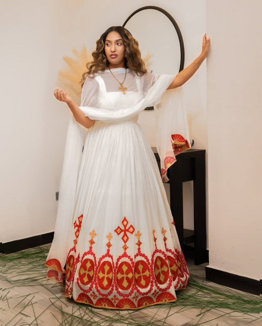 Custom Habesha Dress with Netela – Ethiopian Cultural Attire for Brides & Weddings