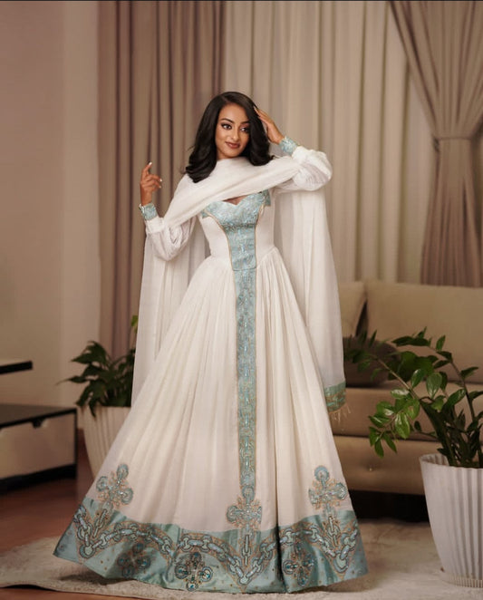 Elegant White Habesha Kemis – Handwoven Ethiopian Dress for Graduations & Holidays | Colorful Tibeb