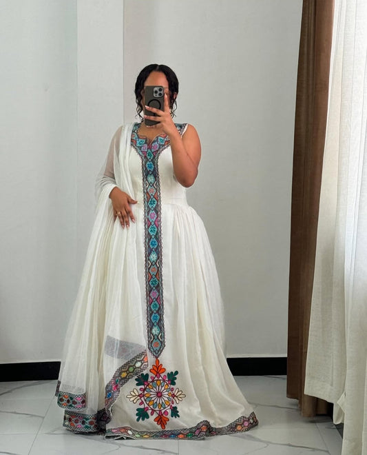 Ethiopian Graduation Dress – Modern Habesha Kemis with Colored Tibeb Borders