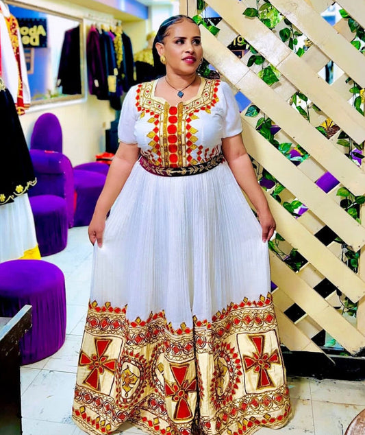 Vibrant Eritrean Cultural Dress – Handmade Zuria for Holidays & Special Occasions, Classic Habesha Kemis Outfit Bezawit