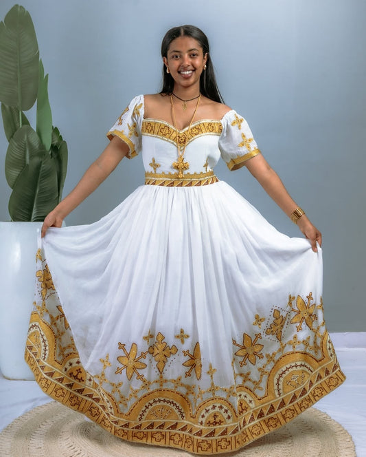 Ethiopian Holiday Dress – Festive Habesha Kemis with Gold and Silver Threads, Classic Habesha