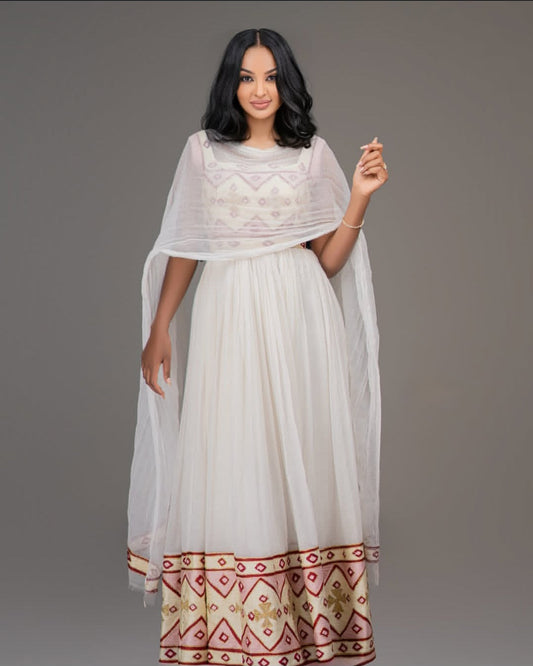 Simple White Habesha Dress with Red & Gold Embroidery – Traditional Ethiopian Kemis for Weddings Bezawit
