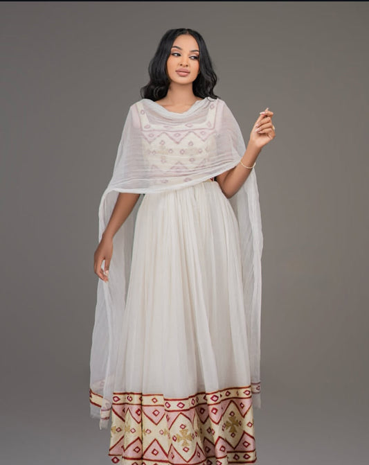 Simple White Habesha Dress with Red & Gold Embroidery – Traditional Ethiopian Kemis for Weddings Bezawit