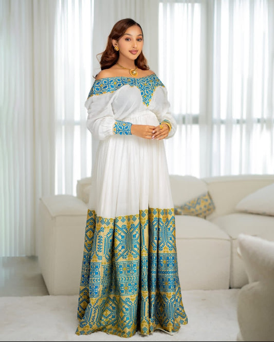 Green & Gold Embroidered Habesha Dress – Modern Zuria with Sheer Shawl