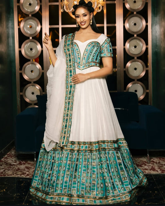 Turquoise & Gold Modern Habesha Dress – Zuria-Inspired with Shawl Bezawit