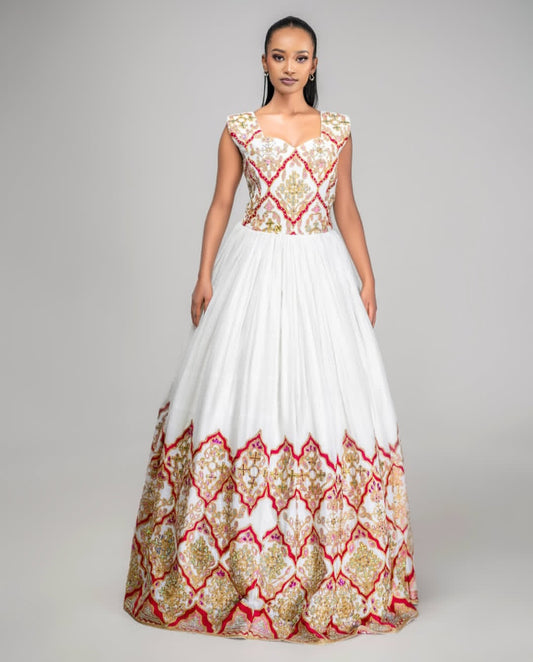 Outdoor Celebration Kemis Sleeveless – Red & Gold Habesha Dress